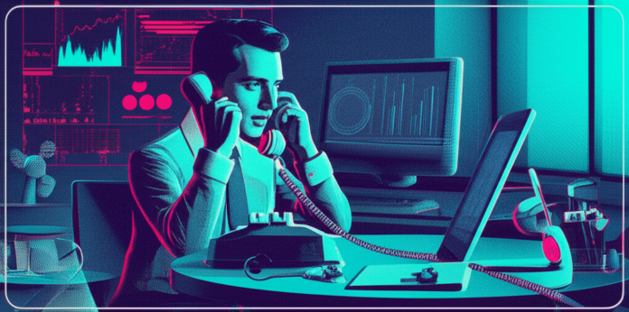 Narada AI: emprendedor haciendo llamadas, oficina empresarial con visualización de datos IA