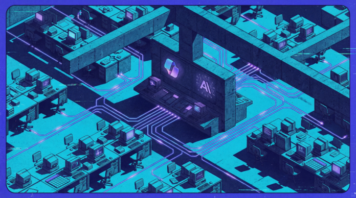 Oficina futurista con hilos de IA conectando documentos, calendarios y pantallas, estilo retro-futurista