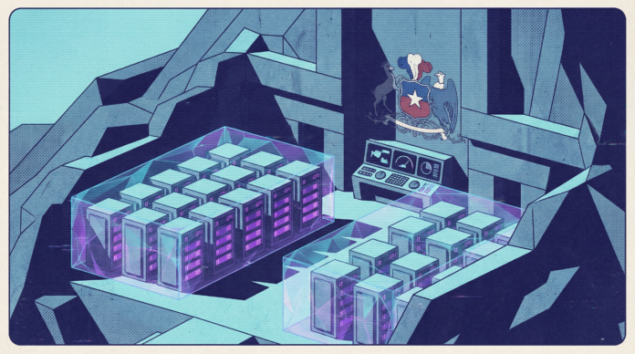 Data center militar con servidores GPU, estilo retro-futurista con tonos violeta e índigo