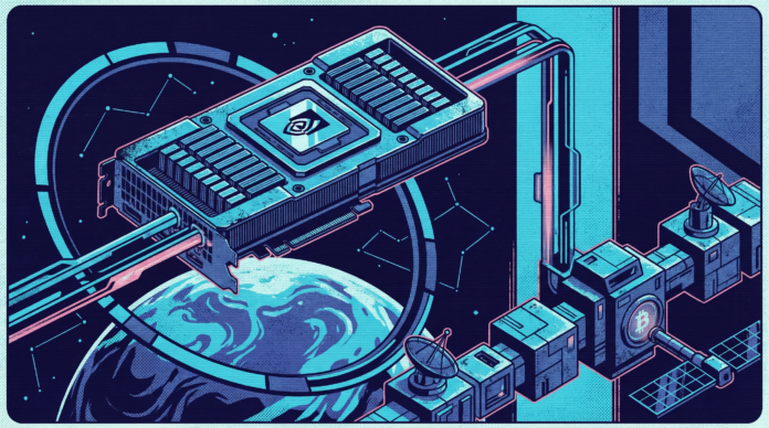 Hero - Starcloud GPU Bitcoin espacio GPU Nvidia H100 en órbita espacial, concepto retro-futurista